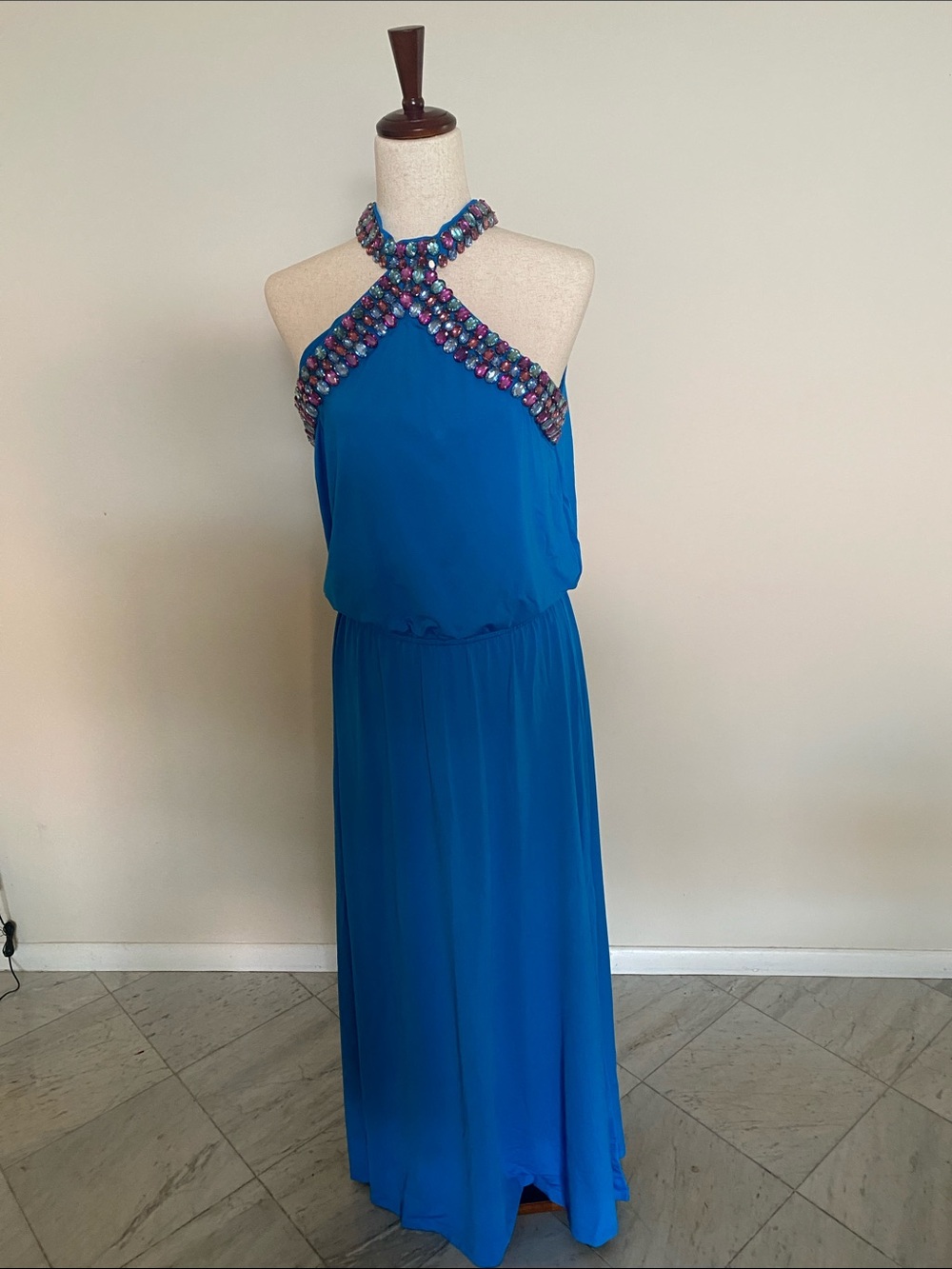 Boston Proper Beaded Halter Maxi Dress in Royal Blue